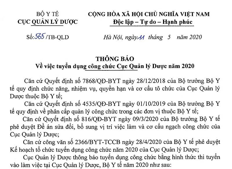 Tuyển dụng công chức Cục Quản lý Dược năm 2020